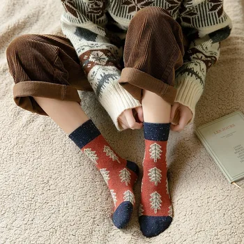 

Winter Cotton Women's Tube Socks Women Simple Japanese Plus Wool Warmth Classic Small Tree Christmas Socks Color Matching Socks