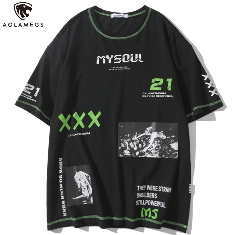 

Aolamegs Men T Shirt Letter Picture Printing Tee Harajuku Loose Couple Short Sleeve Hip Hop Tops Tees Summer Fashion Streetwear