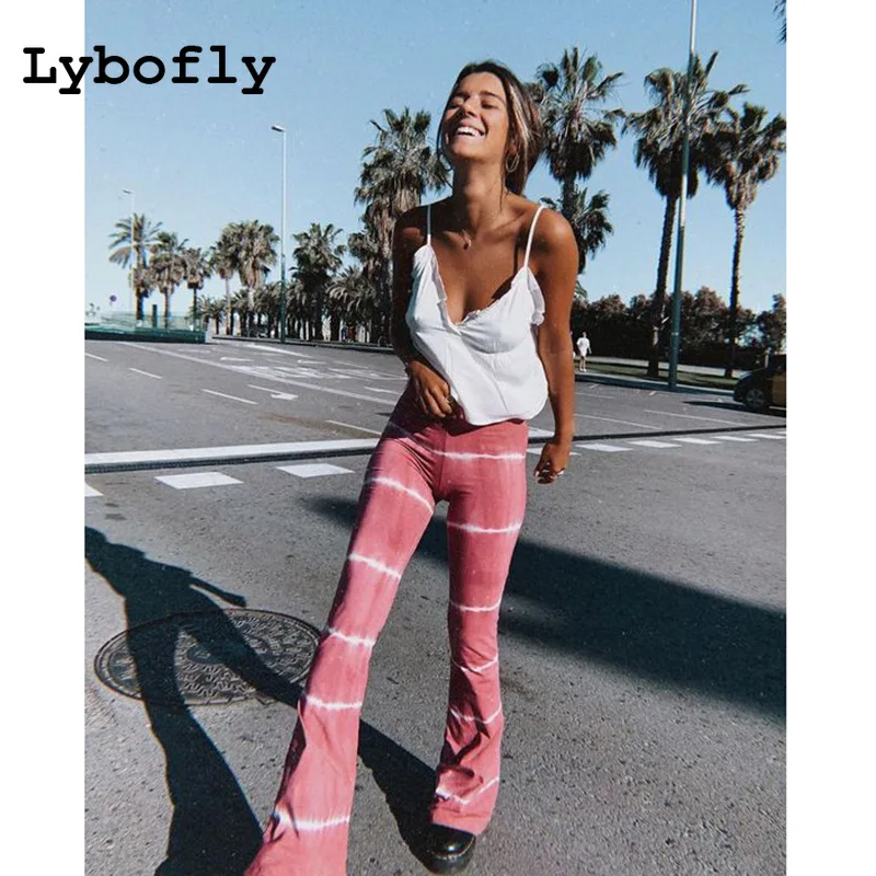 acampanados Tie Dye para mujer, pantalón a la moda, de cintura alta, con fondo de campana, de calle, pantalones con elástico en la cintura|Pantalones y pantalones - AliExpress