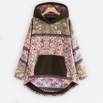 

5XL Size Women Warm Sweater 2019 Winter Vintage Floral Velvet Sweater Women Fashion Cotton Front Pocket Ethnic Sweater Female