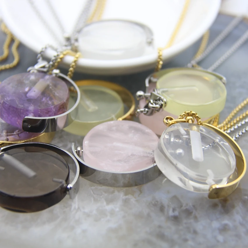 Round Shape Chakra Rose Quartzs/AmethystsPerfume Bottle Pendant Necklace,Healing Lemon Crystal Essential Oil Diffuser Vial