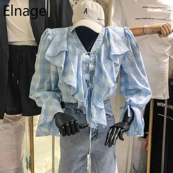 

Elnage Spring Women Clothes Korean Fashion V Neck Lace Up Ruffles Top Blue Plaid Blusas Flared Long Sleeve Blouse Shirts 5A836
