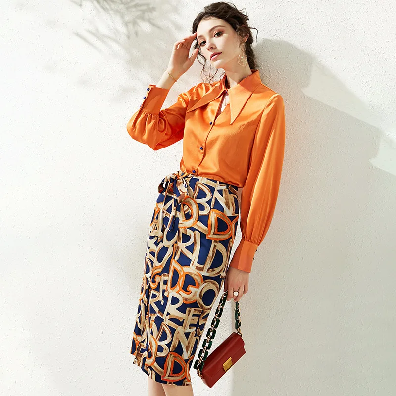 Zachte Vlek Shirt Voorjaar Lantaarn Mouw Vintage Franse Oranje Blouse Vrouwen 2 Delige Set Top En Rokken Kantoor Dames Midi rok Za Zachte Vlek Shirt Voorjaar Lantaarn Mouw Vintage Franse Oranje Blouse Vrouwen 2 Delige Set Top En Rokken Kantoor Dames Midi rok Za