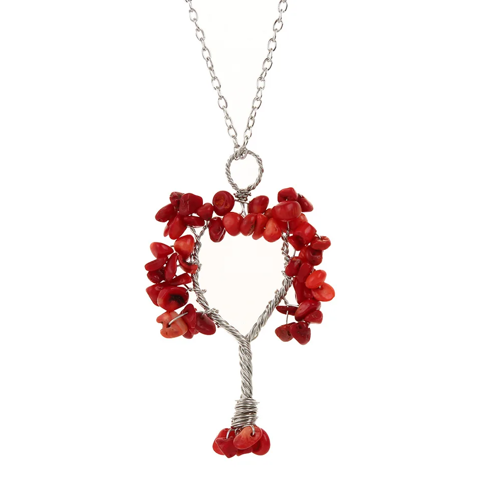 Red Coral 12pcs 12 шт. 7 Чакра натуральный камень кварц Древо жизни кулон для женщин Исцеление Кристалл Ожерелье Подвески рейки Изготовление ювелирных изделий - Окраска металла: Red Coral 12pcs