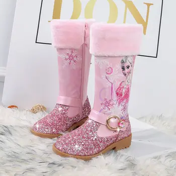 Disney children cartoon frozen Elsa princess girl thickened warm cotton shoes long boots boots sequins Martin boots tanie i dobre opinie Leather Girls Fashion Boots Cow Muscle CN(Origin) 25-36m 4-6y 7-12y 12+y Four Seasons Bling Low-heeled Synthetic Round Toe
