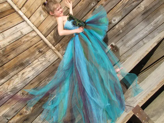 smocked baby dresses Girls Peacock Feather Trailing Tutu Dress Kids Crochet Flower Tulle Dress Ball Gown Children Evening Party Banquet Costume Dress beautiful baby dresses