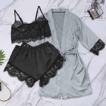 

Sexy Lingerie summer Women пижама женская robe sets underwear babydoll pajamas Satin Silk Robe Lace Sleepwear Pants With Belt h4