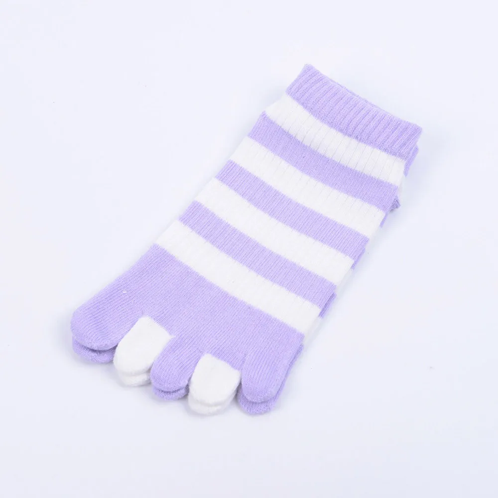 Long Cute Socks Women Cat Socks Cotton Socks Cartoon Stripe Five Finger calcetines mujer divertido chausette femme носки хлопок - Цвет: Purple Stripe