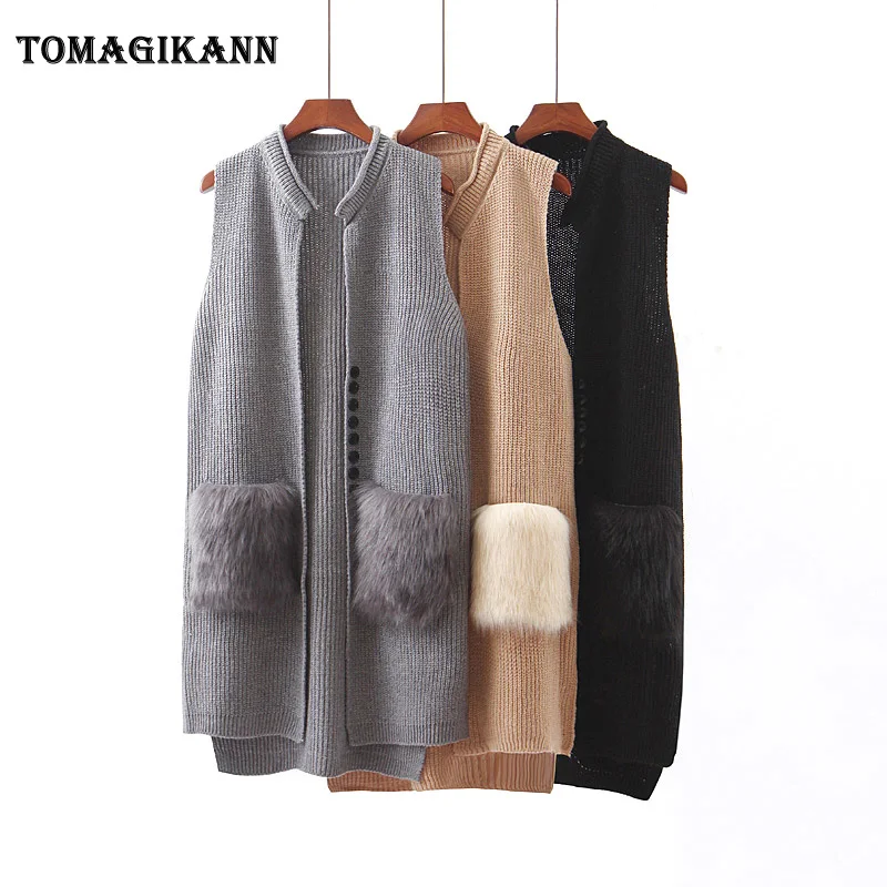 

Solid Buttons Plush Pockets Long Women Knit Vest Coat Single Breasted Sleeveless Sweater Waistcoat Cardigan colete feminina