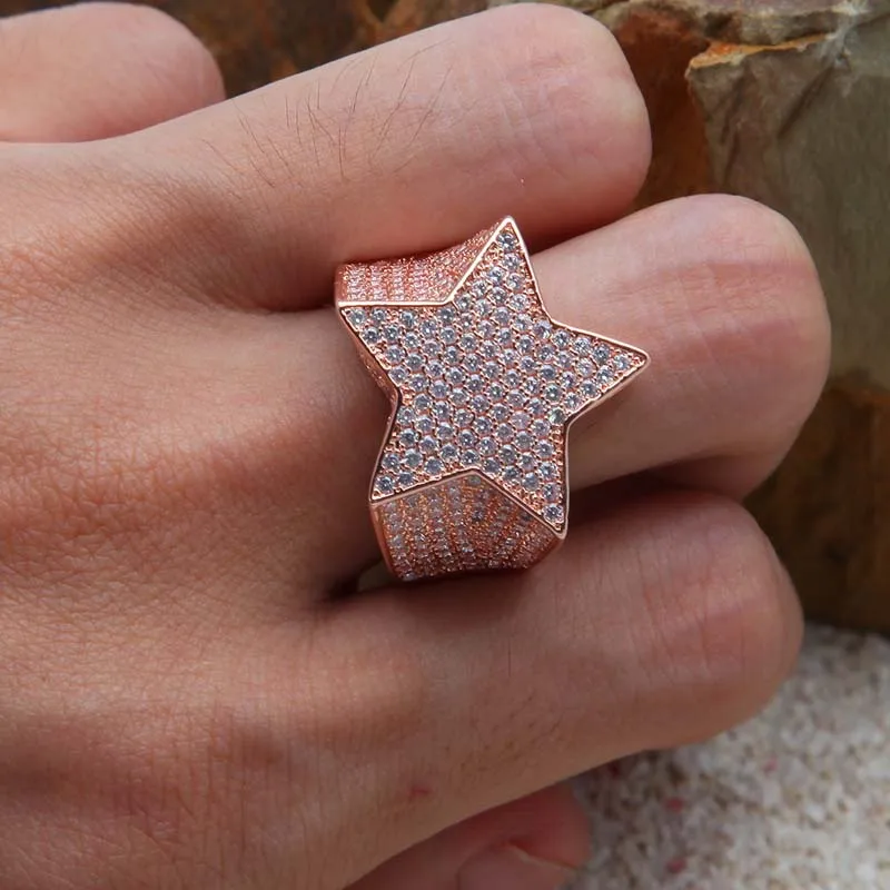

Five Point Star Rings Puffed Marine Micro Paved Full Bling Iced Out Cubic Zircon Luxury Fashion Hiphop Punk DJ Rap Rings Jewelry