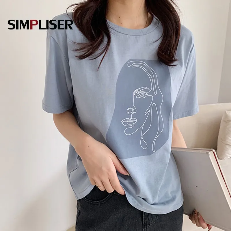 Свободные хлопковые футболки для женщин летние Графические белого и синего
