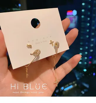 

Korean original personalized pin asymmetric Earrings Fashion double ear holes Four Piece Set Earrings lightning S925 silver ear