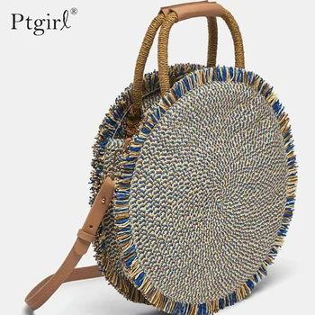 

2019 Fashion New tassel Handbag High quality Straw Women beach woven bag Ptgirl Round Tote fringed beach Shoulder Bag Travel bag