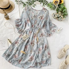 Повседневные женские платья размера плюс, лето, Новое шифоновое платье с v-образным вырезом и принтом, большое платье феи бохо, женские платья