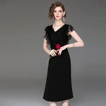 

2020 Women Dress Brand New Ladies Solid Color lace short Sleeve Cutout Lace elegant Fashion Vestidos Party winter ropa mujer