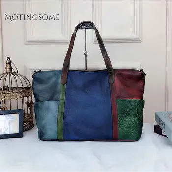 

Vintage Style Genuine Leather Women Tote Bag Handbag Handwork Patchwork Shopper Bag Fashion Bags Ladies Luxury Bags 2019 New