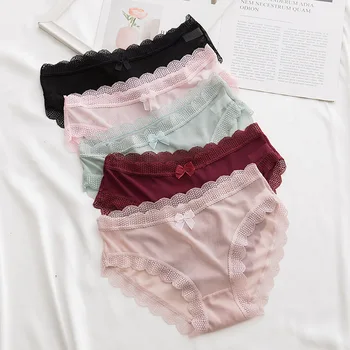 

Women Lace Sexy Briefs bow-knot Cotton pink Fashion Woman Solid lady Panties Breathable Female Underwear high quality Lingeries