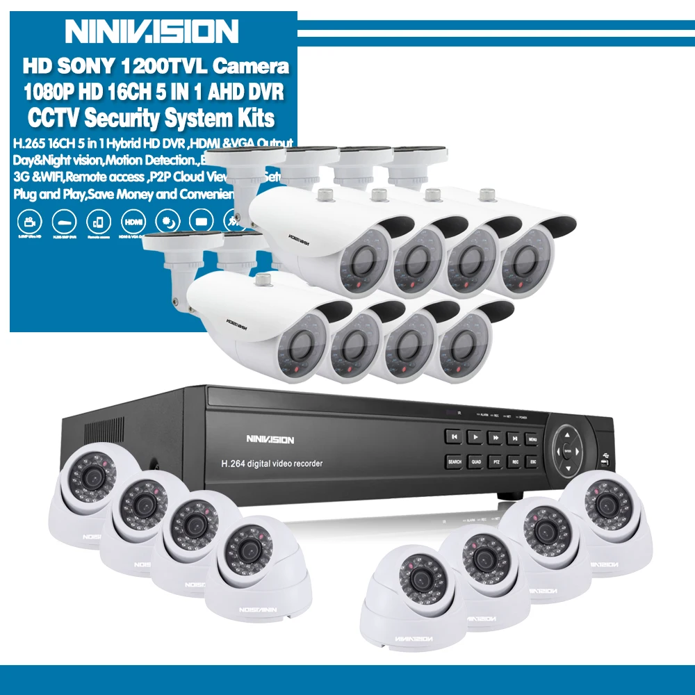 Белый Sony 16CH AHD 1080N 1080P DVR CCTV система камер домашней безопасности 16 шт. ИК наружный 1200TVL домашний комплект видеонаблюдения ночного видения - Цвет: Белый