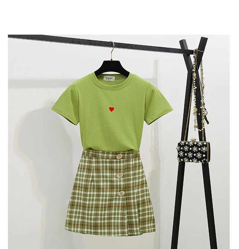 Ретро зеленая футболка и клетчатая юбка женские комплекты летние освежающие женские комплекты