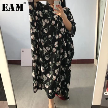 

[EAM] Women Black Pattern Printed Big Size Dress New V-Neck Three-quarter Sleeve Loose Fit Fashion Spring Summer 2020 1T205