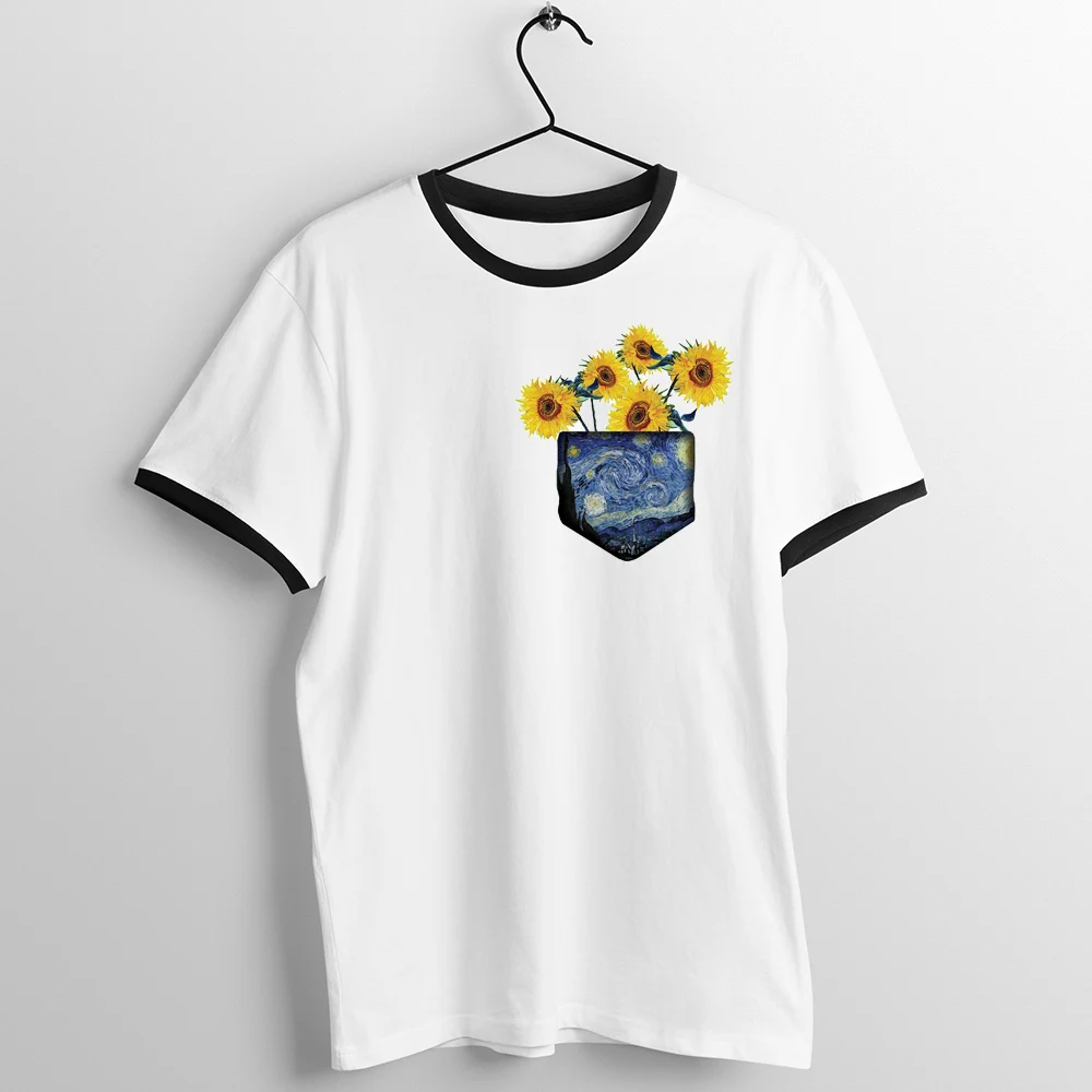 5U016C T Shirt Unisex Black Trim Vase with Daisies By Vincent Van Gogh Starry Night Awesome Printed Tee - Цвет: 5U016C