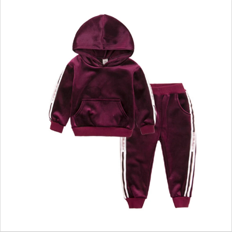 

2019 Autumn Winter 2Pc New Kids Clothing Sets Kids Casual Letter Hooded Thicken Velvet T Shirt Children's Sports Suit Clothes