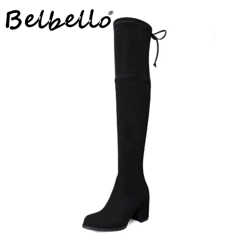 Tanie Belbello 2019 wysoka koronka na pięcie elastyczne buty damskie wysokie buty gruby obcas skinny boot oversize skórzane buty do kolan