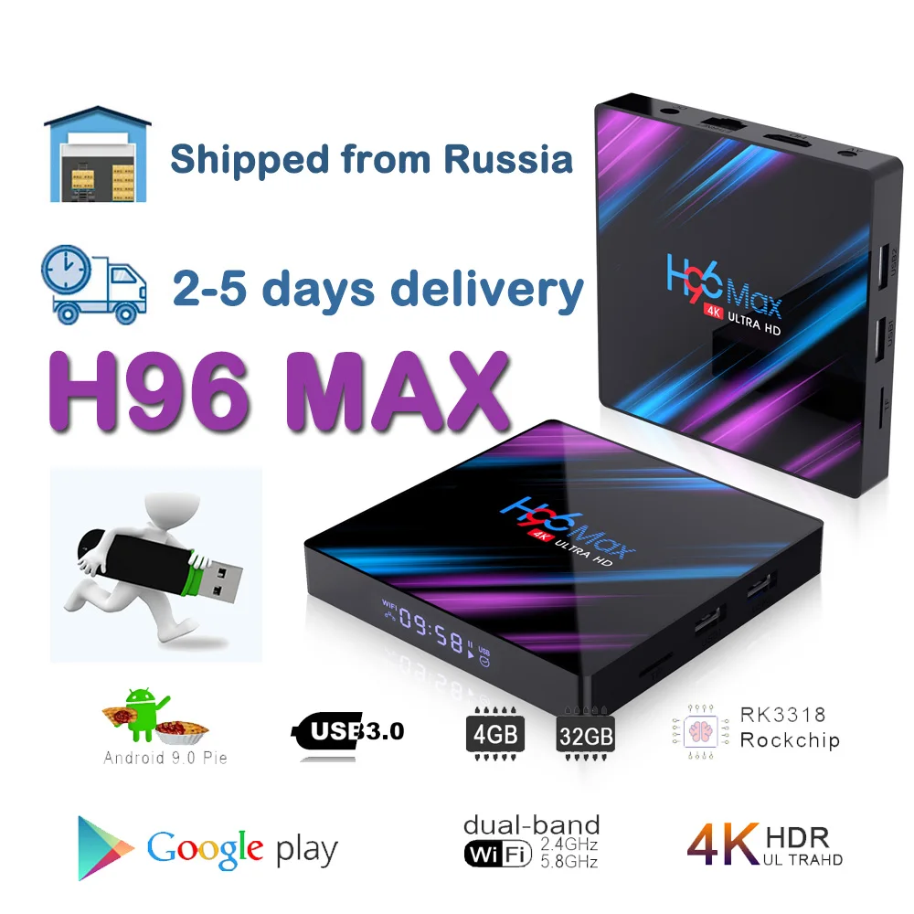 Смарт ТВ приставка Android 9,0 9 4K русский склад Bluetooth USB 3,0 HDMI 2,0 для 4K@ 60Hz DDR3 Поддержка 3D видео 2,4G/5G H96