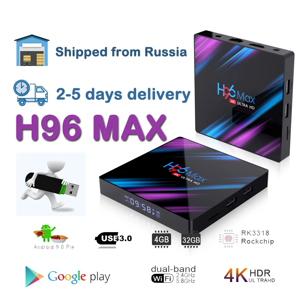 

Smart TV Set Top Box Android 9.0 9 4K Russian warehouse Bluetooth USB 3.0 HDMI 2.0 for 4k@60Hz DDR3 Support 3D video 2.4G/5G H96