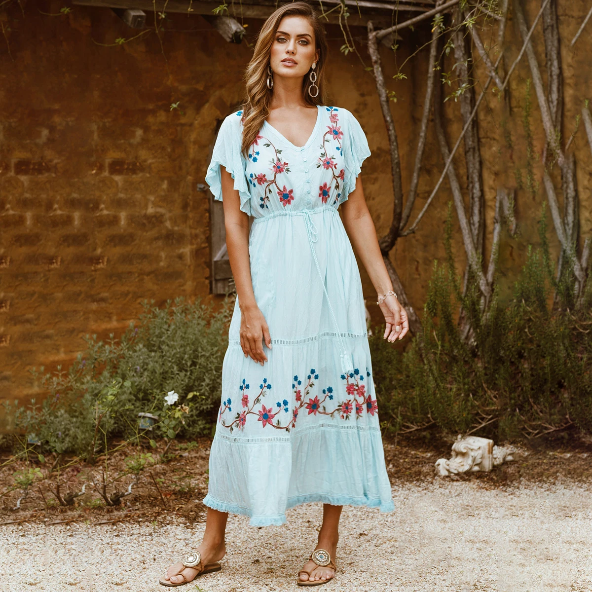 Jastie Boho Floral Embroidery Maxi Dress V Neck Ruffle Sleeve Vintage ...