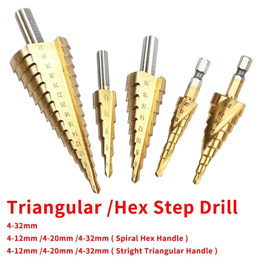 

4-12mm /4-20mm /4-32mm Titanium Coated Pagoda Shape Step Drill Bit HSS Triangle/Hex Shank Hole Drill Cone Drill Bit Step Drill