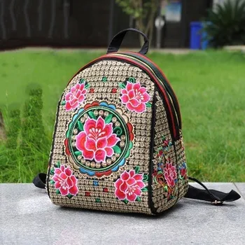 

2020 New Korean Trend Canvas Embroidered Backpack Casual Retro Ethnic Style Embroidered Backpack Large Capacity School Bag