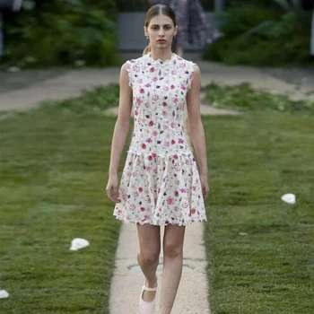 

Gedivoen Summer Sleeveless Vintage Short Dress Women Floral Print Hollow Out A Line Dress Fashion Runway Mini Dresses