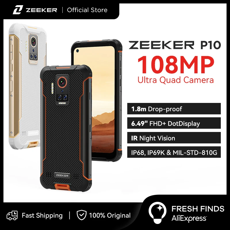 cellphones for gaming ZEEKER P10 108MP Global Version Rugged Phone IP69K Waterproof NFC Smartphone 6.49" FHD+ DotDisplay 6000mAh IR Night Vision cheapest cell phone for gaming