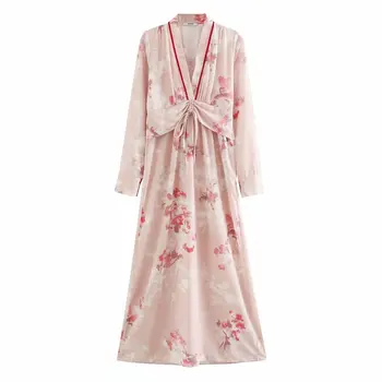 

2020 Women vintage v neck flower prints casual long kimono Dress female pleates bow tied pink vestidos Chic brand Dresses DS3769