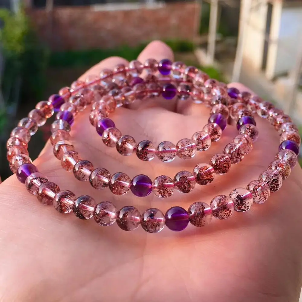 

5.5mm Natural Lepidocrocite Quartz Super 7 Seven Rutilated Quartz Melody 3 Laps Round Beads Stretch Crystal Bracelet AAAAAA