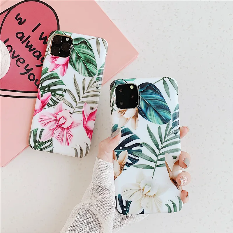 INS цветочный чехол для iphone 11 11Pro Max Apple X XS XR 6 6s 7 8 Plus матовые цветы зеленый лист