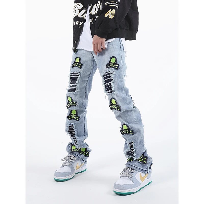 Jeans da motociclista con teschio Hip Hop pantaloni da uomo Streetwear  lavaggio ricamato su misura pantaloni in Denim distrutto per uomo Jeans  strappati strappati|Jeans| - AliExpress
