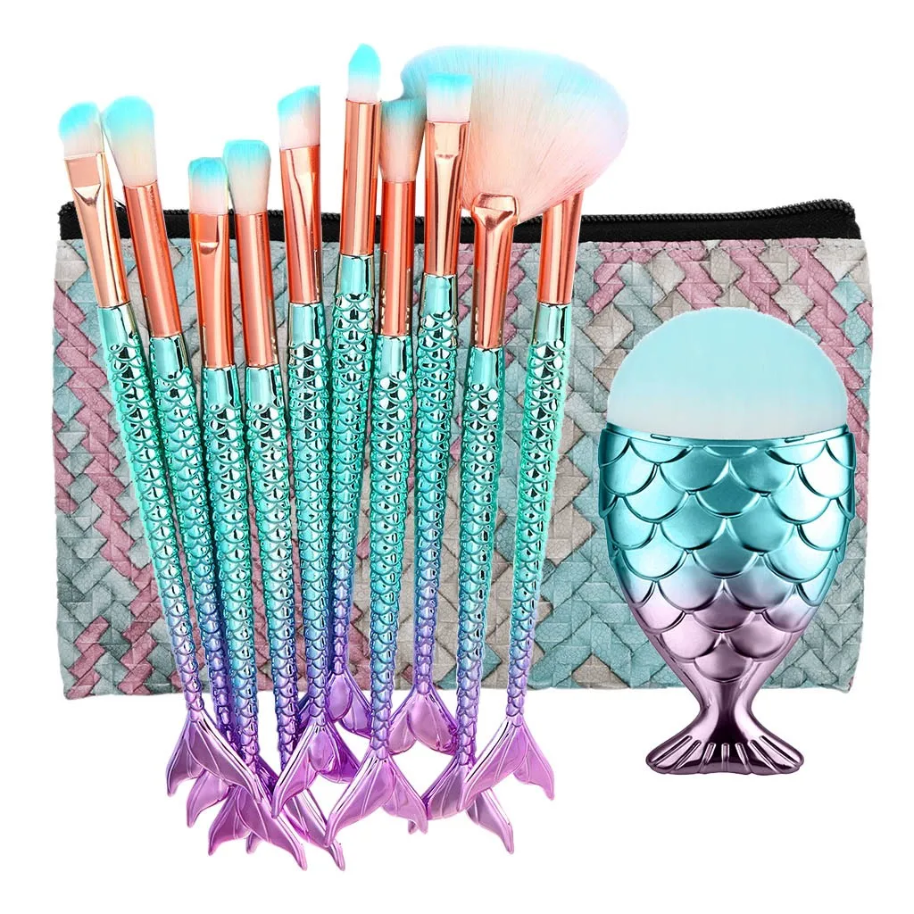 

12 pcs Make Up Brushes Foundation Eyebrow Eyeliner Blush Brush Mermaids Makeup Brushes With Cosmetic Bag Pincel Maquiagem #h