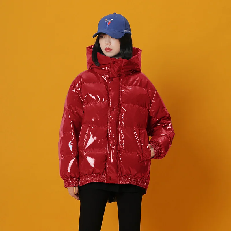 Зимняя новая Яркая блестящая Хлопковая женская Свободная куртка негабаритная теплая куртка пушистая хлопковая куртка в стиле хлеба F246 - Цвет: red