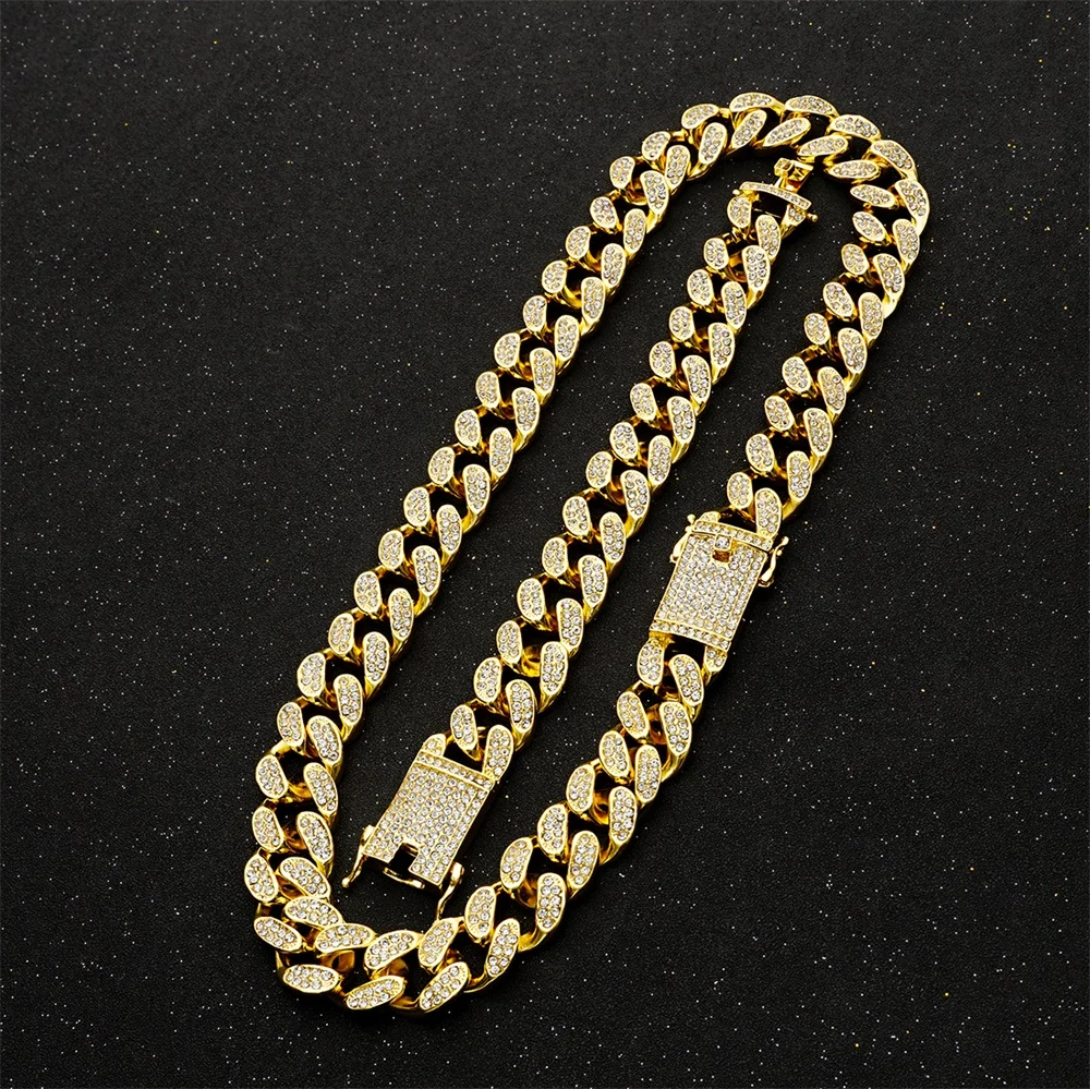 20mm Heavy Hip Hop Iced Out Miami Cuban Link Chain for Mens Bling Full Crystal Rhinestone Gold Silver Necklace Jewelry Bracelets