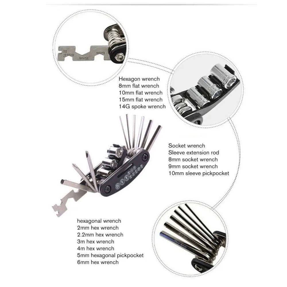 Набор для ремонта велосипеда, сумка для велосипеда, многофункциональный набор инструментов 16 в 1, шестигранный ключ, соединительный рычаг для шин, портативный удобный многофункциональный инструмент