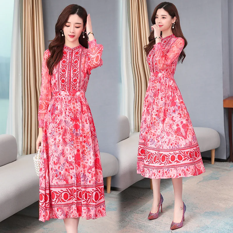 

2020 Spring New Style Middle-aged WOMEN'S Dress Stand Collar Long Sleeve High-waisted Elegant Printed Crepe-de-chine Mulberry Si