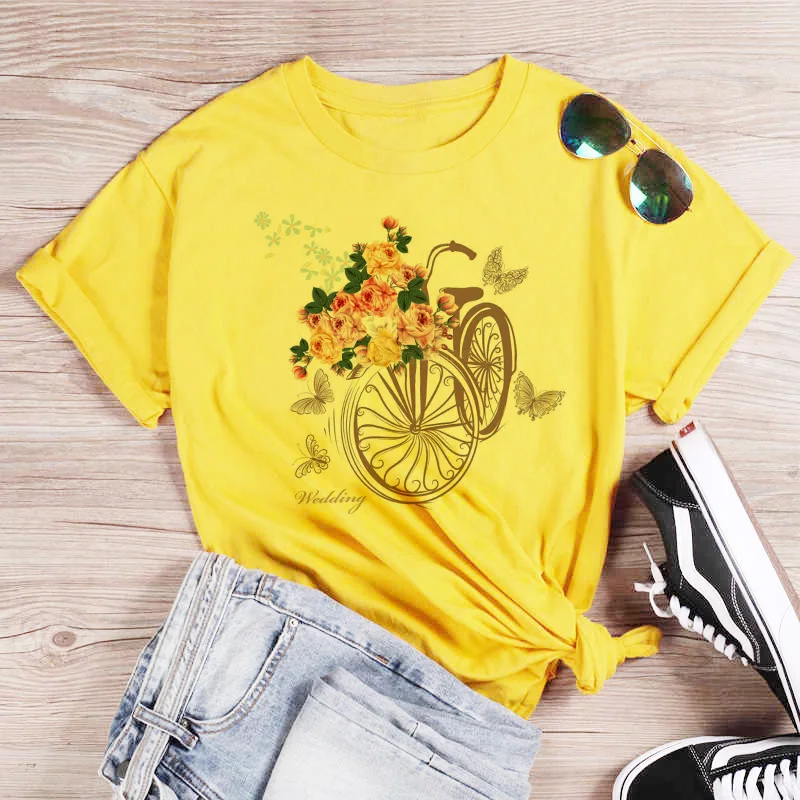 Pink T Shirt Women Beautiful Scenery Bicycle Vogue Casual Tshirt Harajuku Korean Style Graphic Tops Kawaii Short Sleeve T-shirt