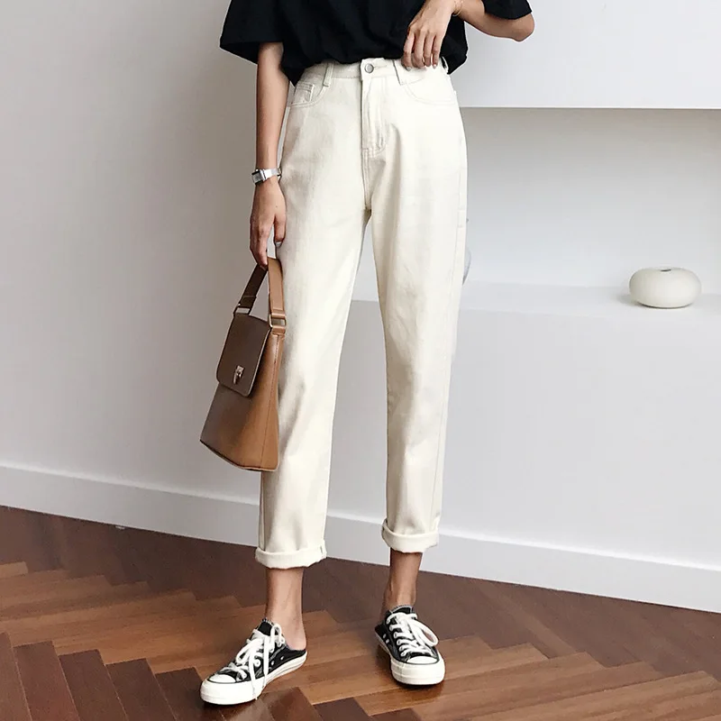Thin Jeans Women Winter Harem Jeans Fashion High Waist Plus Velvet Loose Vintage Beige Denim Pant Thick Warm Boyfriend Jeans For Women - Цвет: Thin Jeans