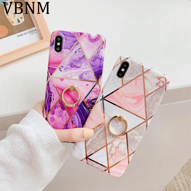 Luxury Gold Geometric Marble Phone Case for iPhone XS Max X XR 6 6s 7 8 Plus 11 Soft Silicone Diamond Ring Stand Holder Cover |