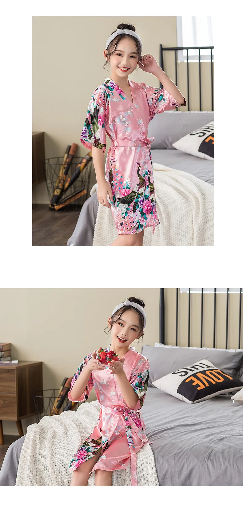 Yao ting Children Silk Pajamas Women's Summer Thin Section Cardigan Girls Printed Peacock Nightgown Tracksuit