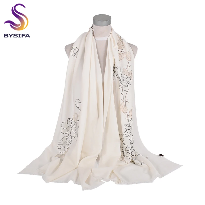 

[BYSIFA] New Ladies Embroidered Wool Scarves Shawls 2019 Winter White 100% Pure Wool Scarf Neck Scarf Echarpe Luxury Brand Scarf