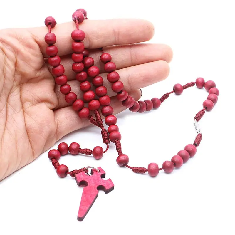 

Jesus Wooden Prayer Beads 6mm Rosary Cross Necklace Pendant Woven Rope Chain Jewelry Accessories Q9QA
