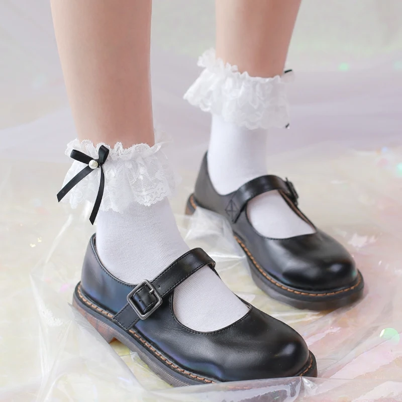 

Japanese New Lace Cotton Lace Socks Lolita Bow Beaded Girl Retro Cute Female kawaii Lolita socks women funny socks